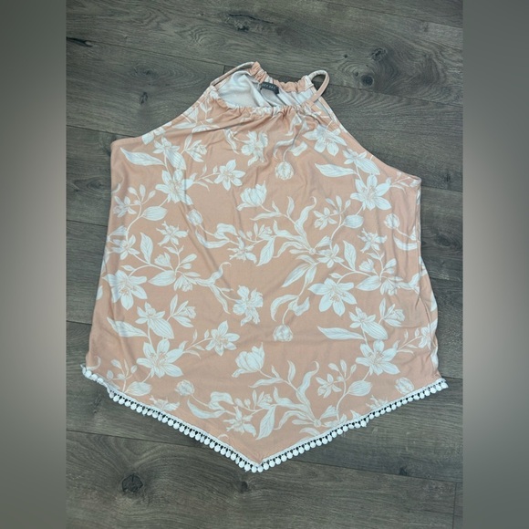 Suzy Shier Tops - Pink and White Floral Halter Top with Pom Pom Trim